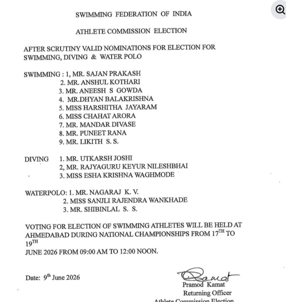 SFI Holds Athlete Commission Elections at Ahmedabad Nationals — Sajan Prakash Among Nine Nominees