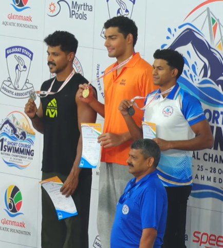 Men's 50m breaststroke podium, Day 3