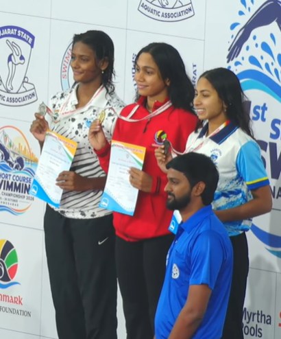 Women's 50m breaststroke podium, Day 3